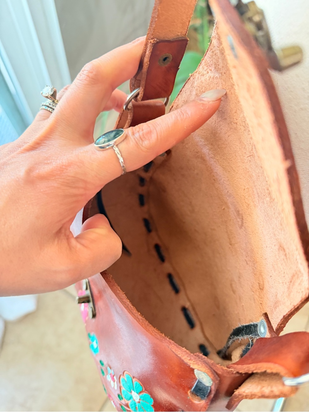 Tooled Leather Floral Crossbody Bag Brown Boho Purse - Picture 9 of 10